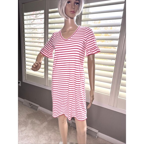 Boden Dresses & Skirts - BODEN SZ 8 Dress Pink White Stripe Ruffle Sleeve Casual Rayon Modal Stretchy